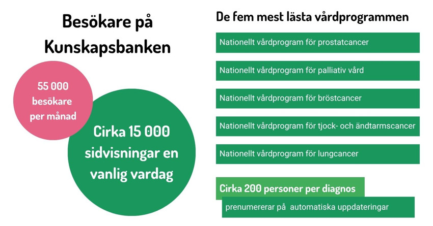 Besökare på Kunskapsbanken: 55 000 besökare per månad. Cirka 15 000 sidvisningar en vanlig vardag. 
Cirka 200 personer per diagnos prenumererar på  automatiska uppdateringar . 
De fem mest lästa vårdprogrammen: prostata, palliativ vård, bröstcancer, tarmcancer, lungcancer