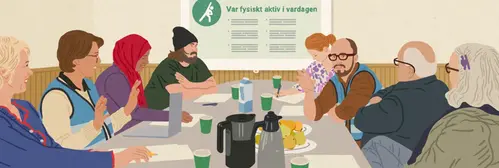 Hälsoinformatörer i en mindre kommun har möte med invånare i en möteslokal inomhus.