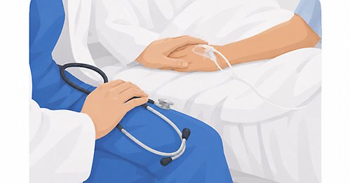 Illustration på läkare som håller hand på en patient som ligger i en sjuksäng